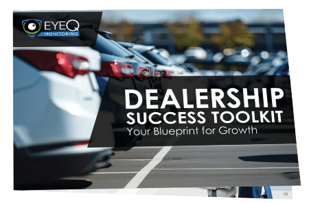 A dealership parking lot with rows of parked vehicles, highlighting EyeQ Monitoring's 'Dealership Success Toolkit' cover. The image emphasizes advanced security solutions, keyless entry protection, inventory management systems, surveillance systems, and proactive monitoring measures against threats like keyless car theft, relay theft, signal jamming, and system hacking.