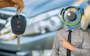 Visual metaphor of a car security concept featuring a key fob and a uniformed security figure with a surveillance camera head, representing passive disabling devices versus proactive protection systems.