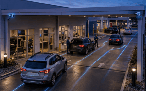 Dealership service lane visibility showing vehicle flow and customer handoffs