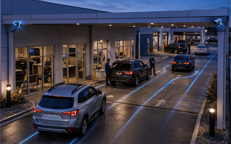 Dealership service lane visibility showing vehicle flow and customer handoffs