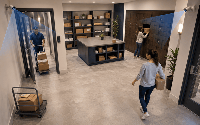 Package room security with organized delivery and resident traffic flow