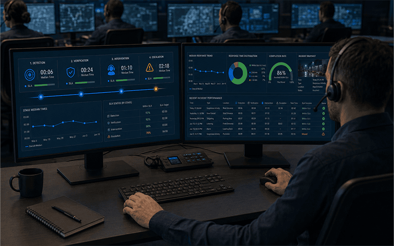 Security monitoring SLA dashboard displaying response time metrics