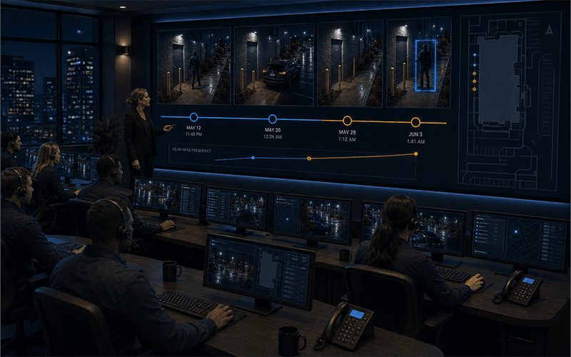 Security near-miss analysis identifying repeated suspicious property activity
