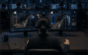 Verified video monitoring operator reviewing a commercial security alert