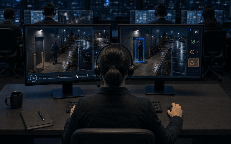 Verified video monitoring operator reviewing a commercial security alert