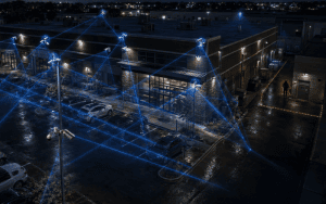 Security camera system blind spots across a commercial property camera map
