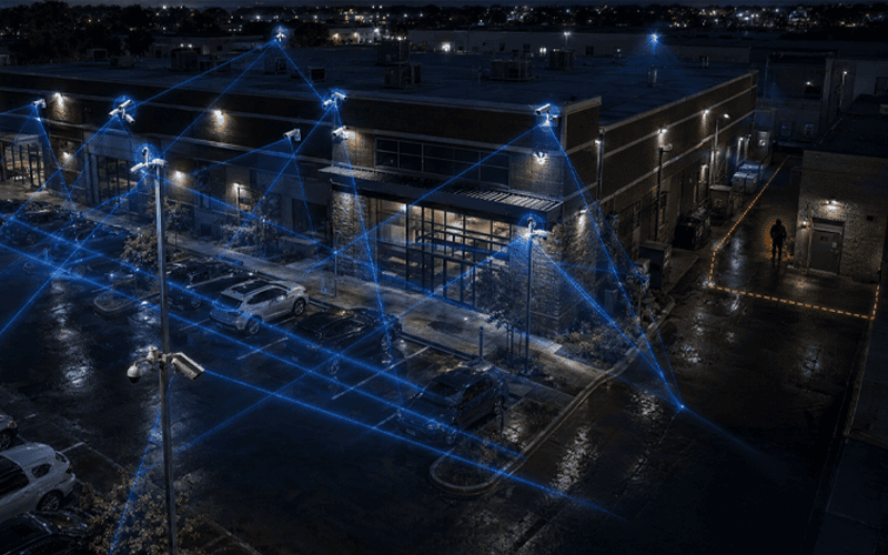 Security camera system blind spots across a commercial property camera map