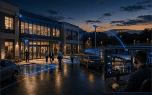 After-hours security monitoring during a commercial property staff handoff