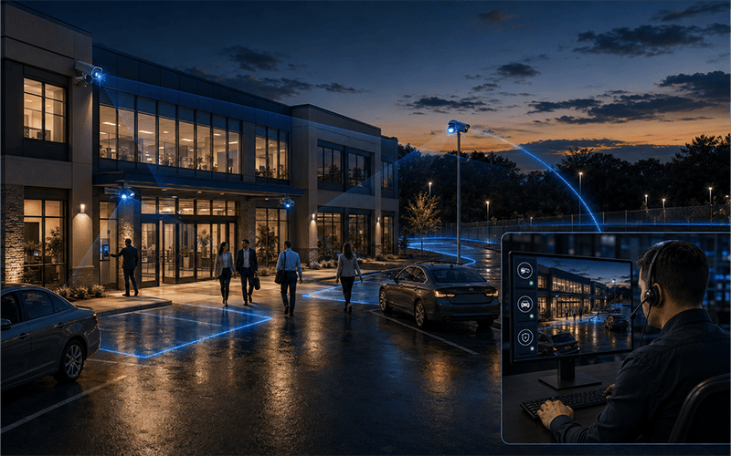 After-hours security monitoring during a commercial property staff handoff
