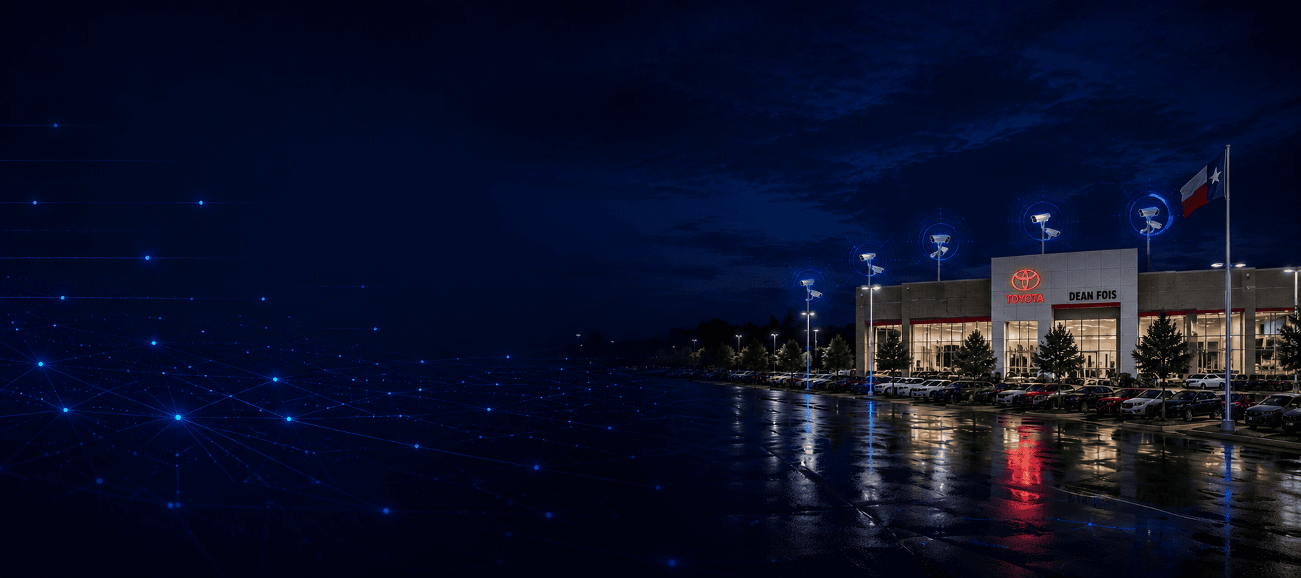 AI-powered security cameras monitoring a Toyota dealership lot at night for proactive automotive dealership security.