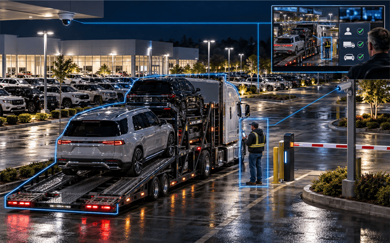Dealership employee verifying a vehicle pickup with a transport driver