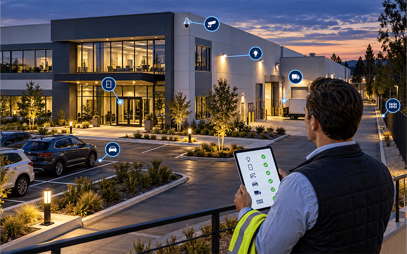 Property owner and manager inspecting a commercial building entrance at dusk