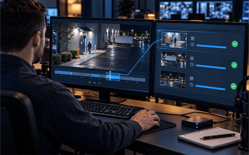 Commercial property manager reviewing a security camera recording timeline