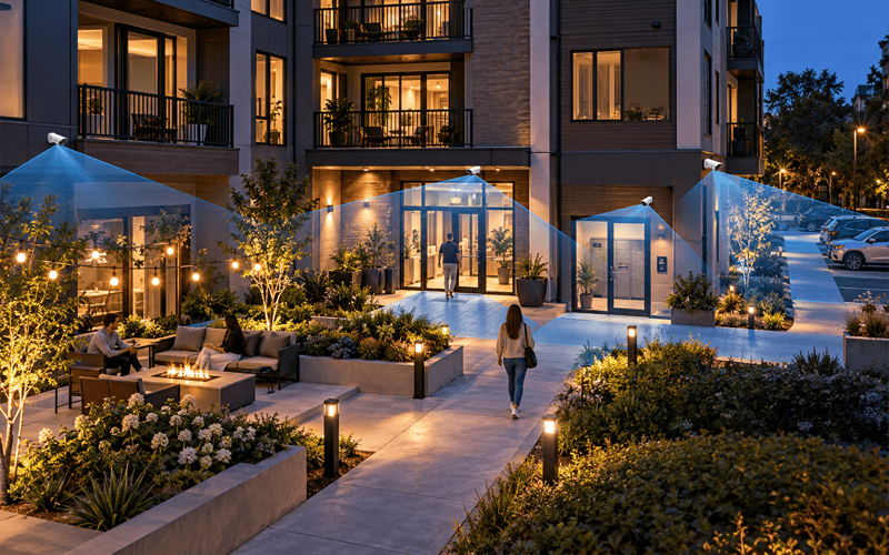 Property manager reviewing a security camera at a shared apartment entrance