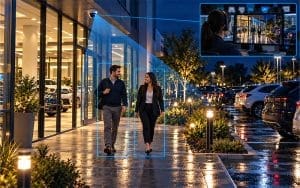 Dealership employees walking toward a well-lit employee parking area after dark.