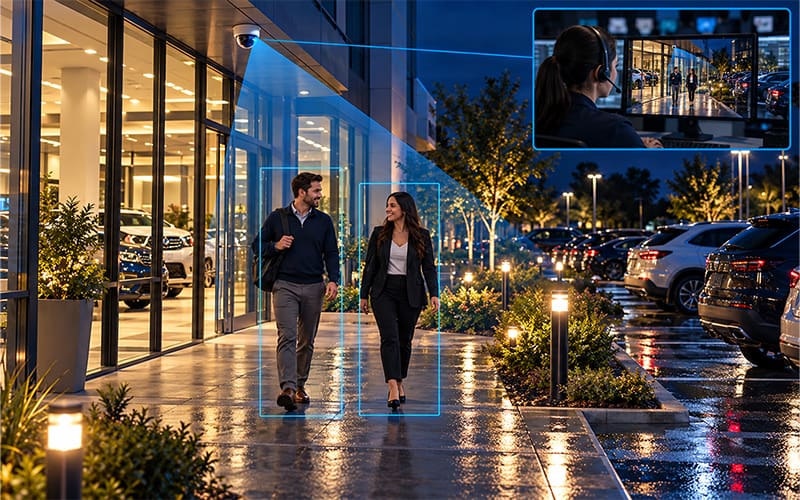 Dealership employees walking toward a well-lit employee parking area after dark.