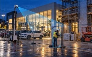Dealership showroom renovation with a fenced work area and a marked temporary customer entrance.