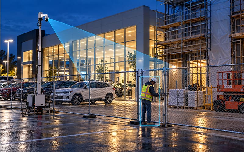 Dealership showroom renovation with a fenced work area and a marked temporary customer entrance.
