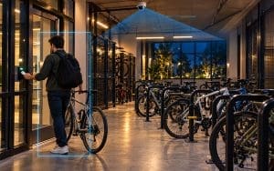 Resident locking a bicycle to a rack in a shared apartment bike room