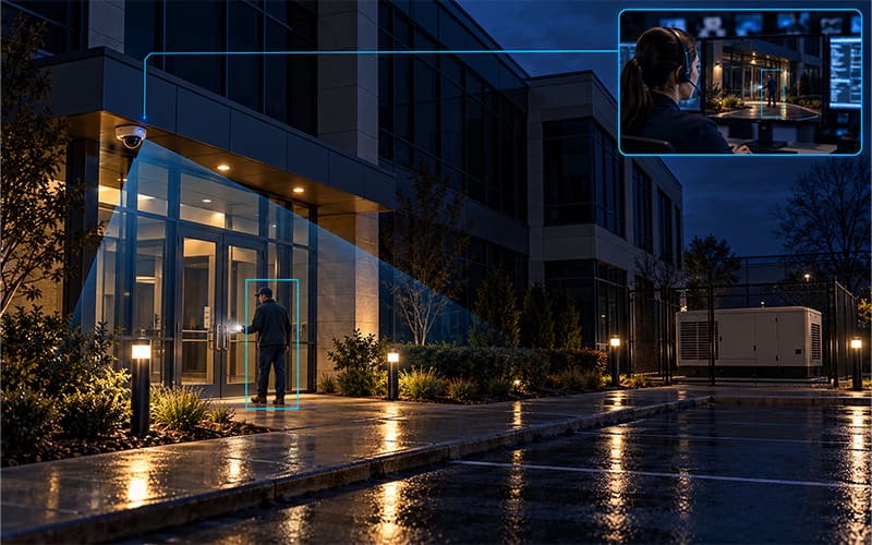Property manager inspecting a commercial building entrance under emergency lighting