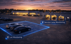 Automotive dealership lot at dusk showing "dealership remote video monitoring" zones for lot "remote monitoring" and service lane monitoring with highlighted perimeter security overlay using "live audio deterrence."