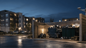 Dumpster enclosure at a multifamily apartment community at dusk with overflowing trash, scattered debris, parked cars, apartment buildings, and a visible security camera monitoring the service area.